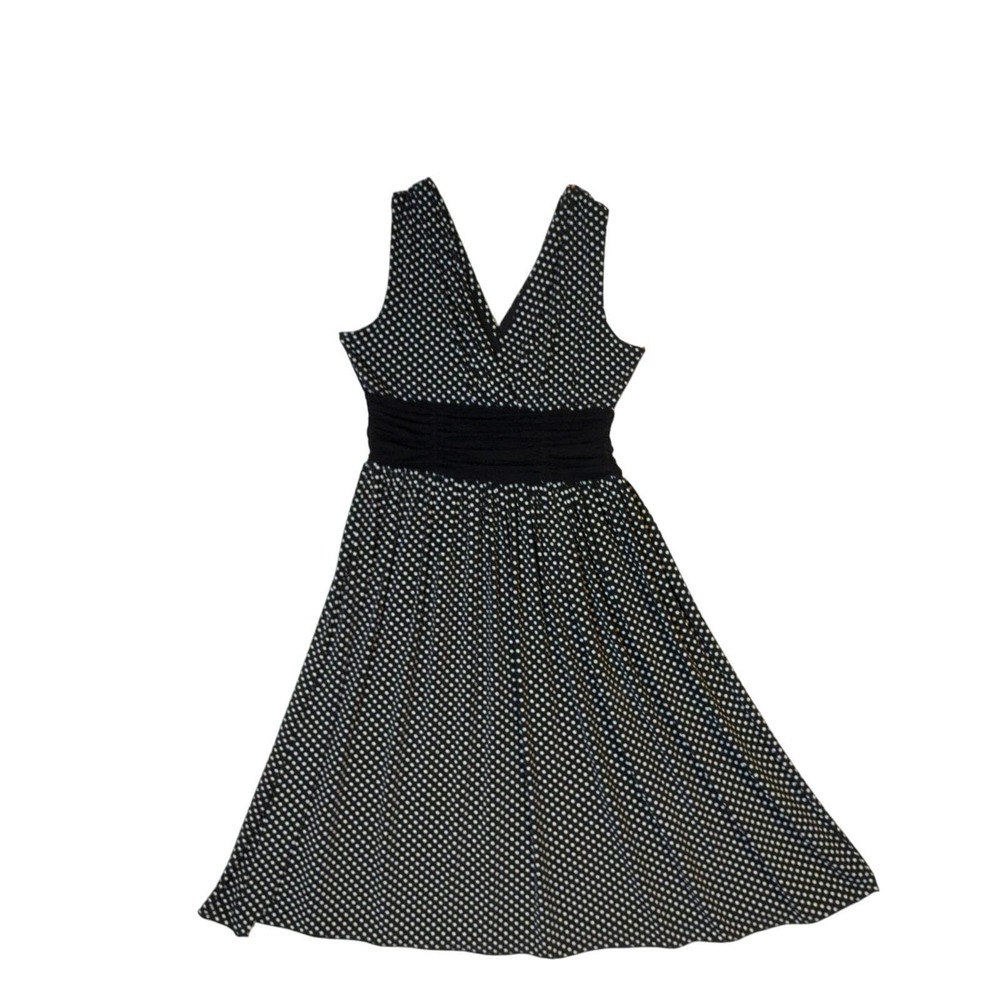 Kupcake Polka Dot Knit Midi Dress Flowy Sz M Ruched Waist V Neck Euro Summer 90s